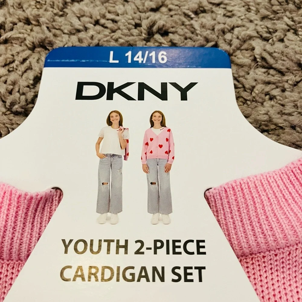 DKNY Pink and Red Hearts Cardigan with White T-shirt NEW